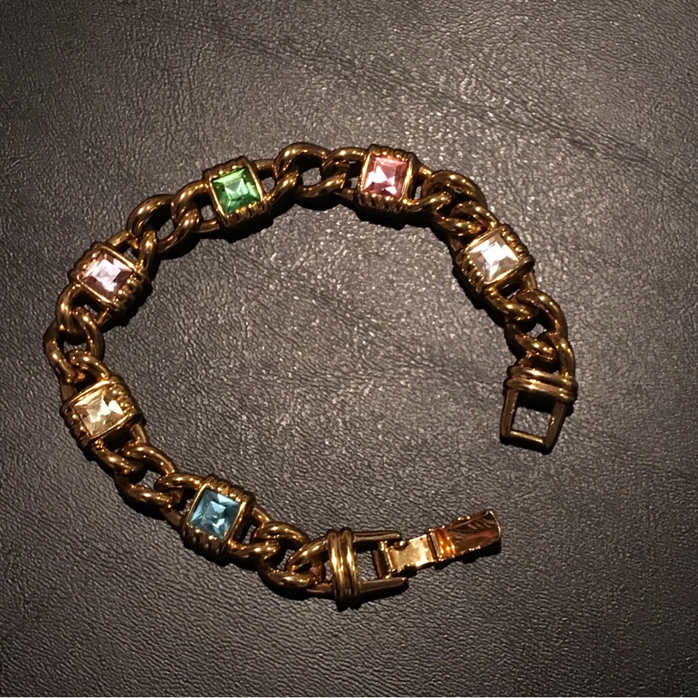 Gold tone link bracelet multicolor Swarovski crystals